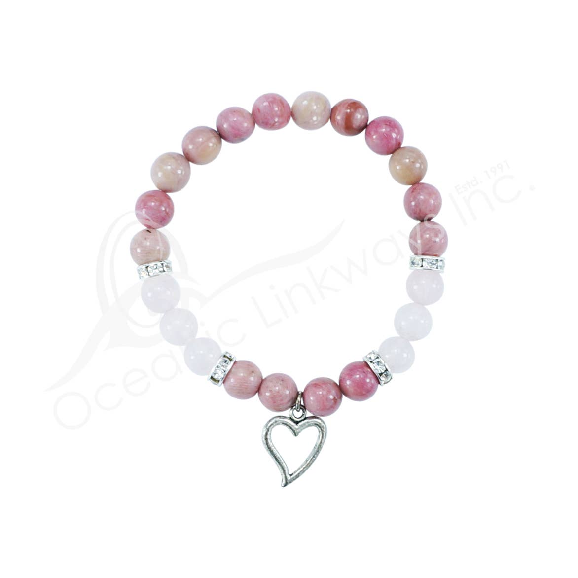 Rhodonite & Rose Quartz Bracelet with Heart Charm β 8mm Beads