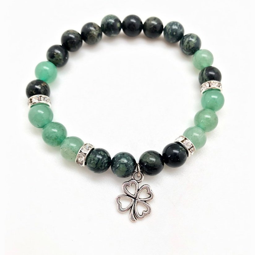Kambaba and Green Aventurine Bracelet with 4 Leaf Clover charm