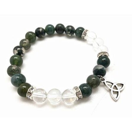 Moss Agate and Clear Quartz Stone Bracelet with Triquetra Charm
