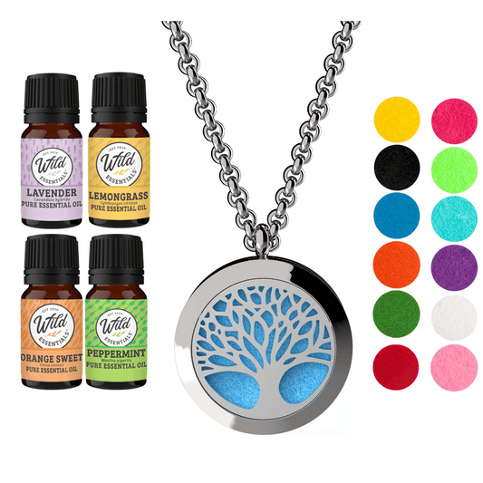 Tree Of Life Essential Oil Diffuser Necklace Set w/ 4 Oils